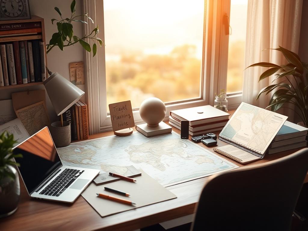 A serene landscape showcasing a travel planner's desk, adorned with