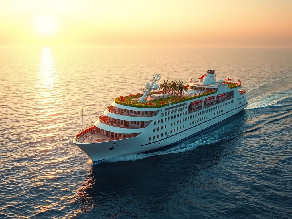 A beautiful cruise ship sailing on calm waters at sunset,