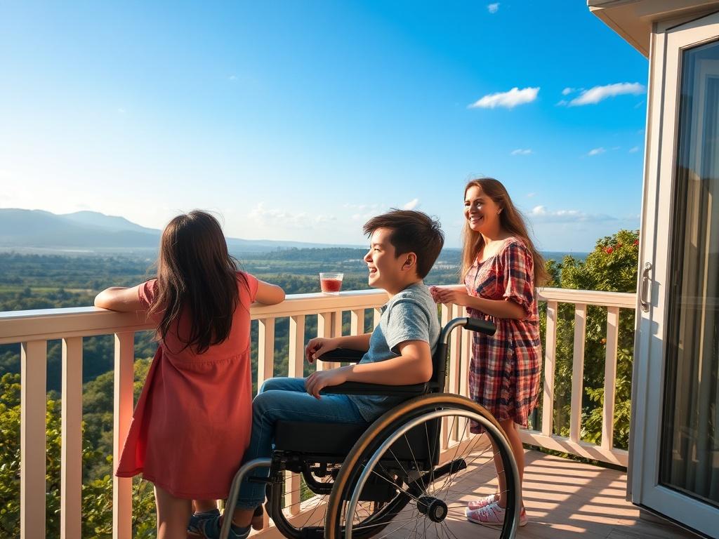A joyful family enjoying a scenic view from a balcony,