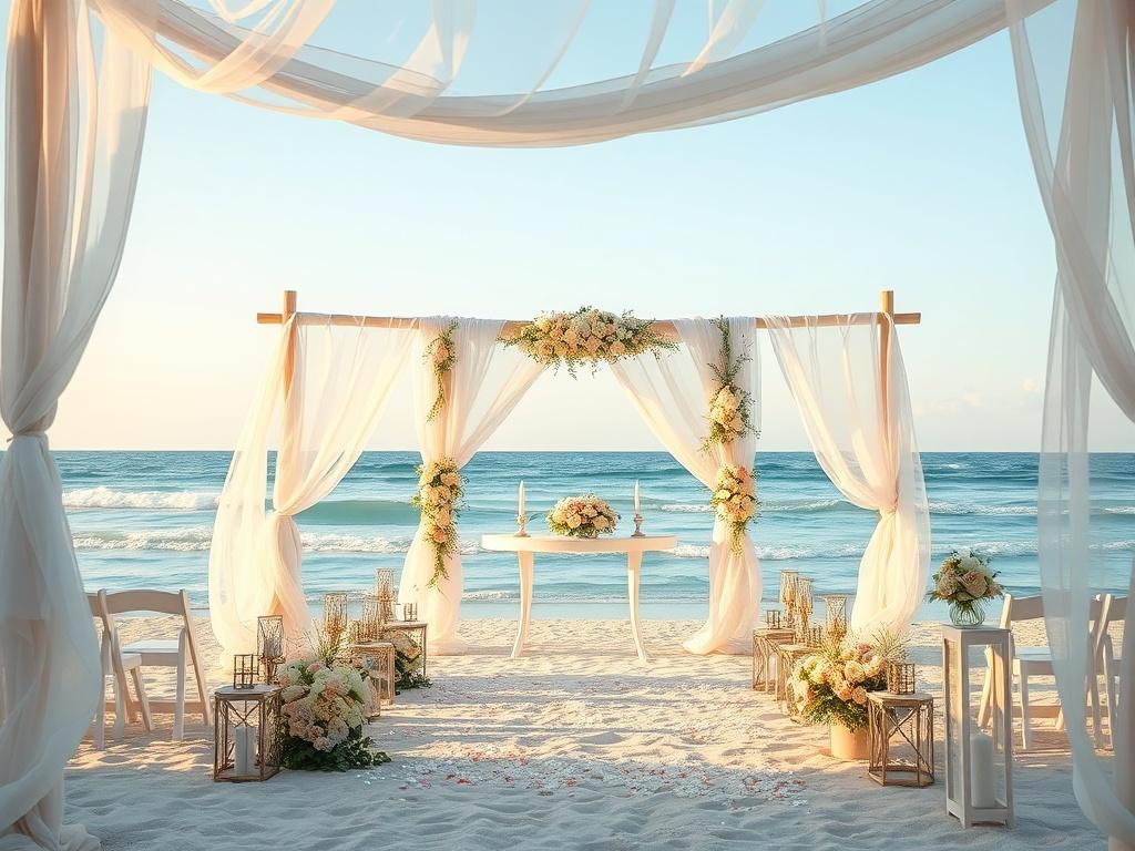 A picturesque beach wedding setup with soft white drapes, floral