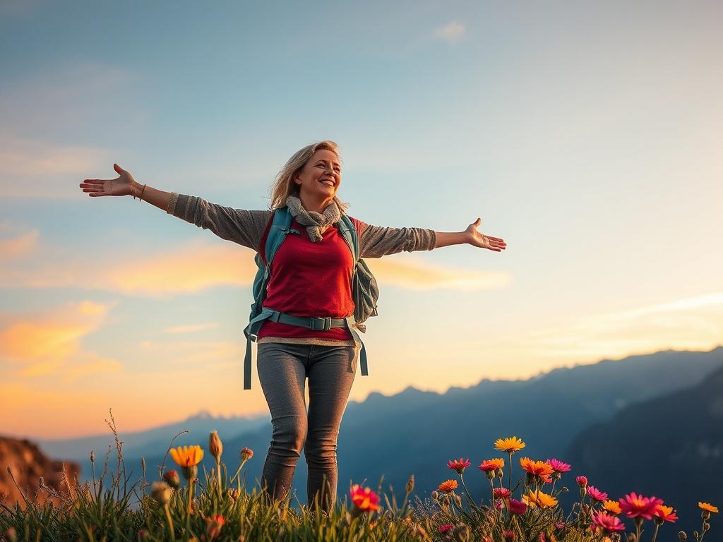 **AI Image Generation Prompt:**

Create a realistic high-resolution photo that visually encapsulates the theme of "The Joy of Purpose-Driven Travel." The composition should feature a joyful traveler—an engaged, smiling middle-aged woman with a backpack, standing on a stunning mountainside with outstretched arms, embracing the beauty of her surroundings. 

The subject should be positioned slightly off-center to the right, allowing for ample space to highlight the breathtaking landscape. The background should