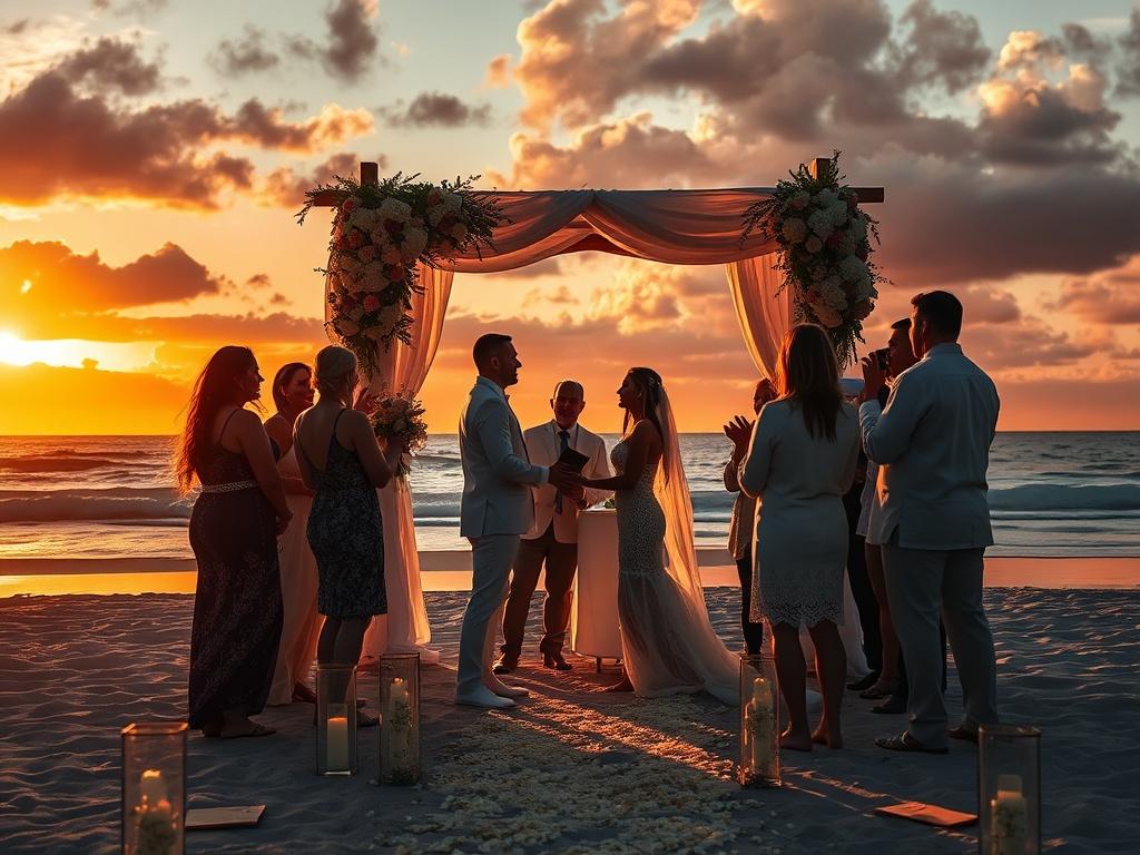 A stunning beach wedding setup with an altar adorned with flowers, overlooking the ocean. A couple stands at the altar, exchanging vows with smiles on their faces. Friends and family are gathered around, capturing the moment. The scene is bathed in golden sunset light, creating an atmosphere of romance and joy.