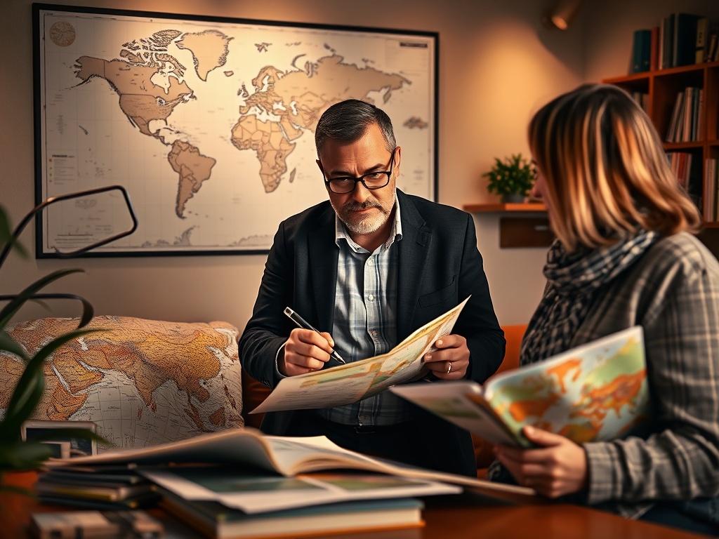 A travel planner working with a client, surrounded by maps and travel brochures, in a cozy and inviting office space. The planner is actively engaged in conversation, highlighting a map with a pen. The background features a world map on the wall, and soft lighting creates a warm atmosphere.
