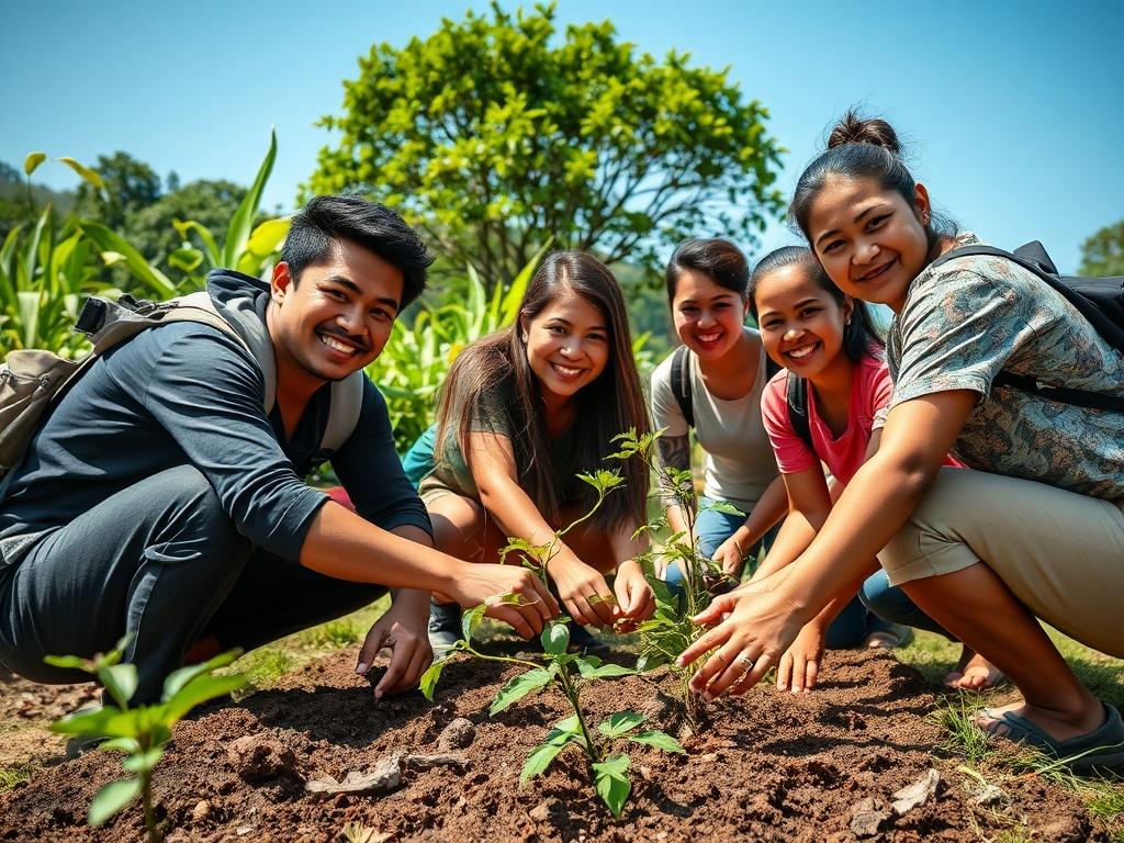 A group of travelers participating in a community service project, planting trees or helping at a local school. The scene is vibrant and filled with smiles, showcasing diverse individuals working together with locals. The background features lush greenery and a clear blue sky, emphasizing connection and purpose.