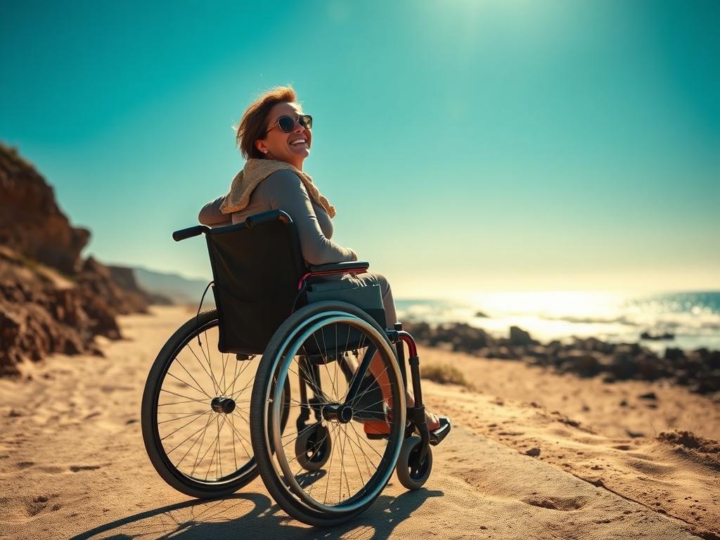 A joyful traveler using a wheelchair on a scenic beach pathway, surrounded by stunning ocean views. The sun casts a warm glow on the scene, highlighting the beauty of the beach. In the background, a clear blue sky contrasts with the vibrant sand. The focus is on the traveler, smiling and looking ahead with excitement, embodying the spirit of adventure and inclusivity.