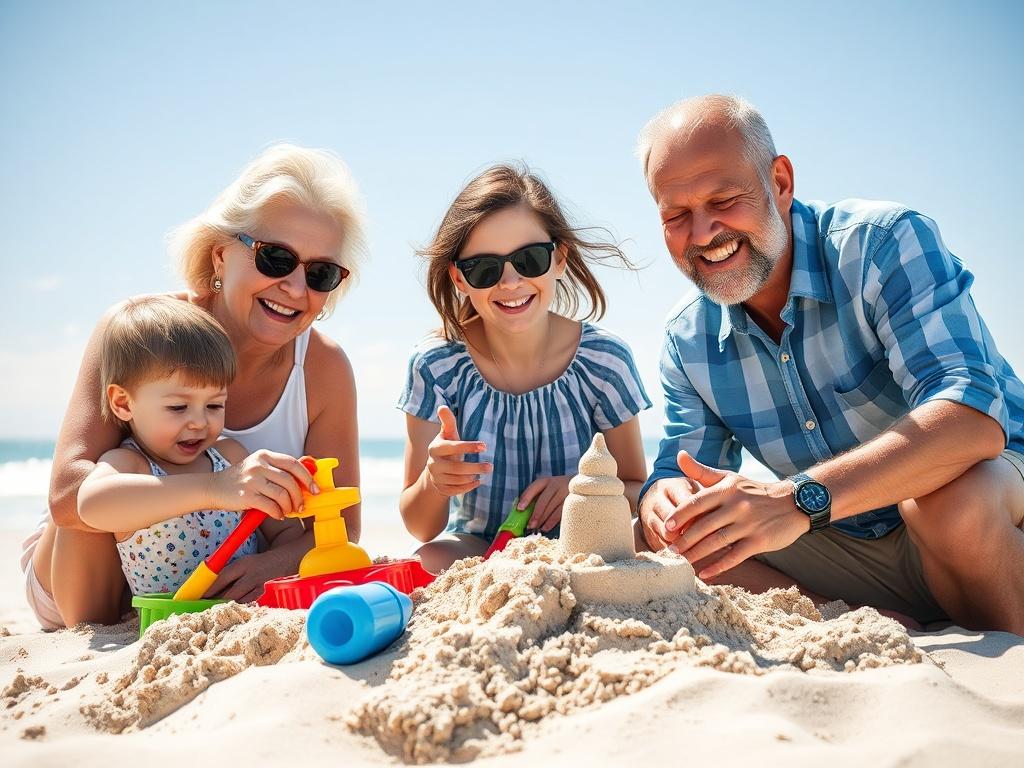 A joyful multigenerational family enjoying a sunny beach vacation. The scene captures three generations, including grandparents, parents, and children, playing together with beach toys and building sandcastles. The background features a bright blue sky, gentle waves, and soft sand, emphasizing a fun and relaxed atmosphere. The image should be high-resolution, showcasing the family's smiles and interactions in a vibrant, high-contrast style.