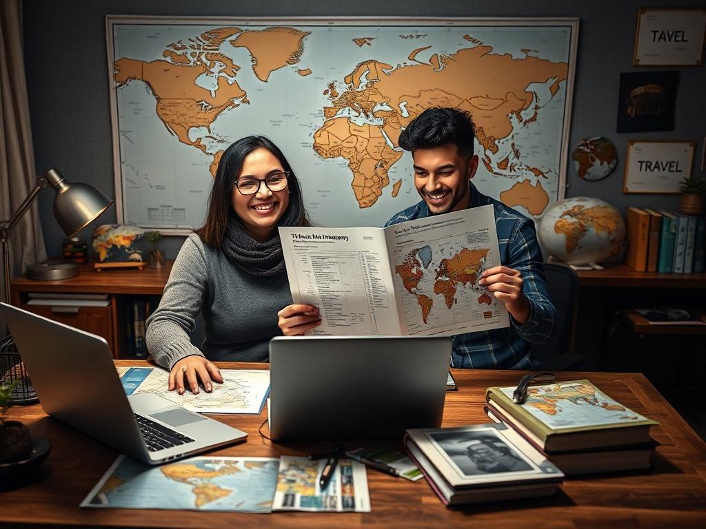 A serene travel planner sitting at a beautifully designed desk, surrounded by maps, travel books, and a laptop. The planner is smiling and engaging with a diverse couple, showcasing a personalized travel itinerary. The background features a world map and travel-themed decor, highlighting the themes of adventure and discovery. The lighting is warm and inviting, creating an atmosphere of inspiration and excitement.