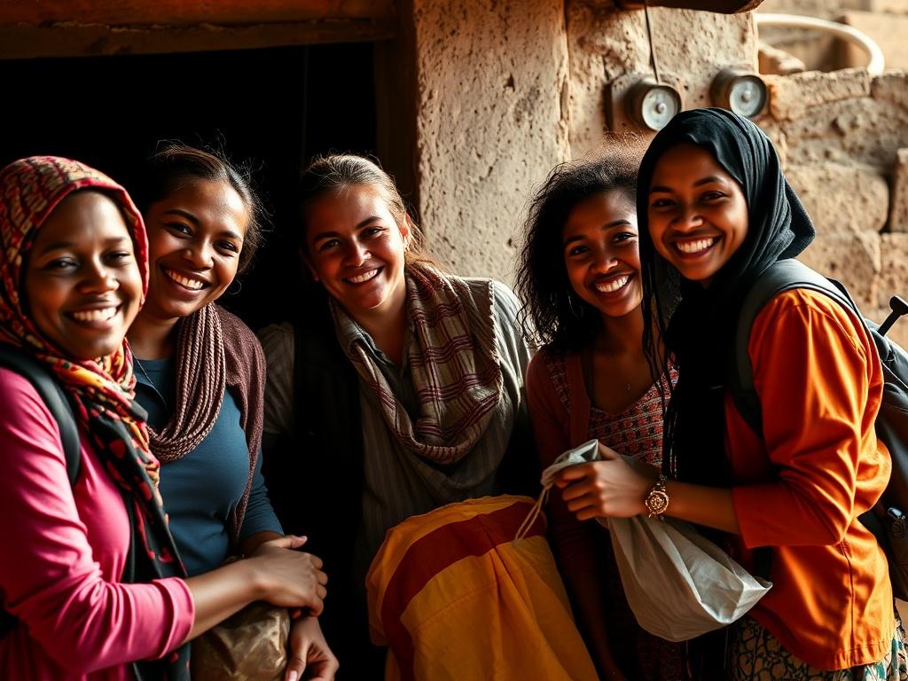 A high-contrast image of a group of travelers participating in a mission trip, engaged in community service, with joyful expressions and a vibrant local setting, showcasing cultural immersion and connection.