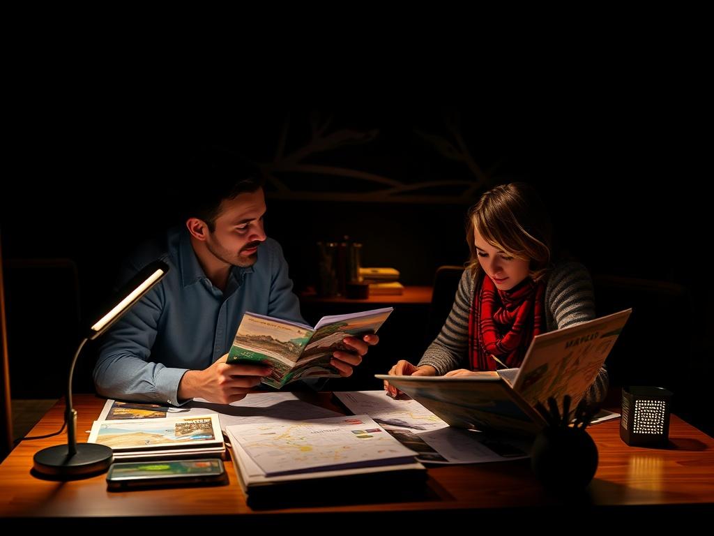 A high-contrast image of a travel planner working with a couple at a desk, surrounded by travel brochures and maps, with a warm and inviting atmosphere, highlighting genuine interaction and thoughtful planning.