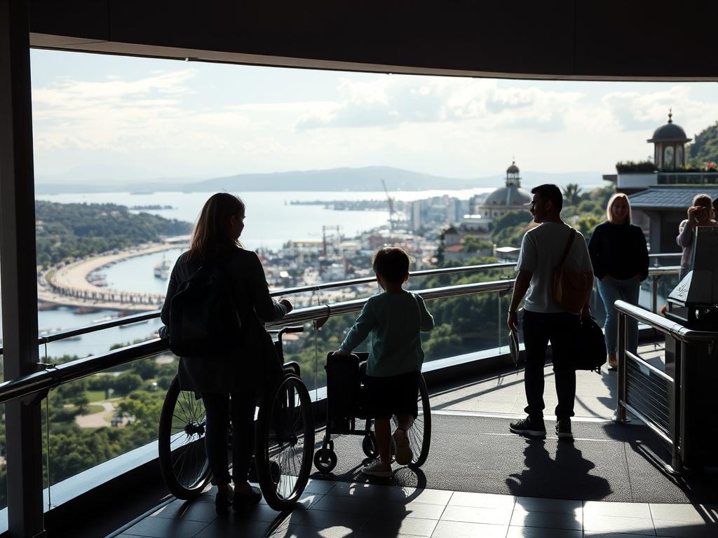 A high-contrast image showcasing a family with a differently-abled child enjoying a scenic view at a popular travel destination, with an emphasis on accessibility features, such as ramps and accommodations.