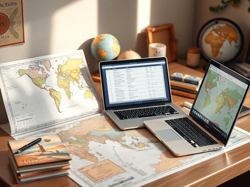 A serene travel planner's workspace featuring a detailed map, travel guides, and a laptop with an itinerary on the screen. Soft, natural lighting casts a warm glow over the scene, emphasizing a peaceful atmosphere. The background includes a small globe and travel-related decor, creating an inviting ambiance for planning meaningful journeys.