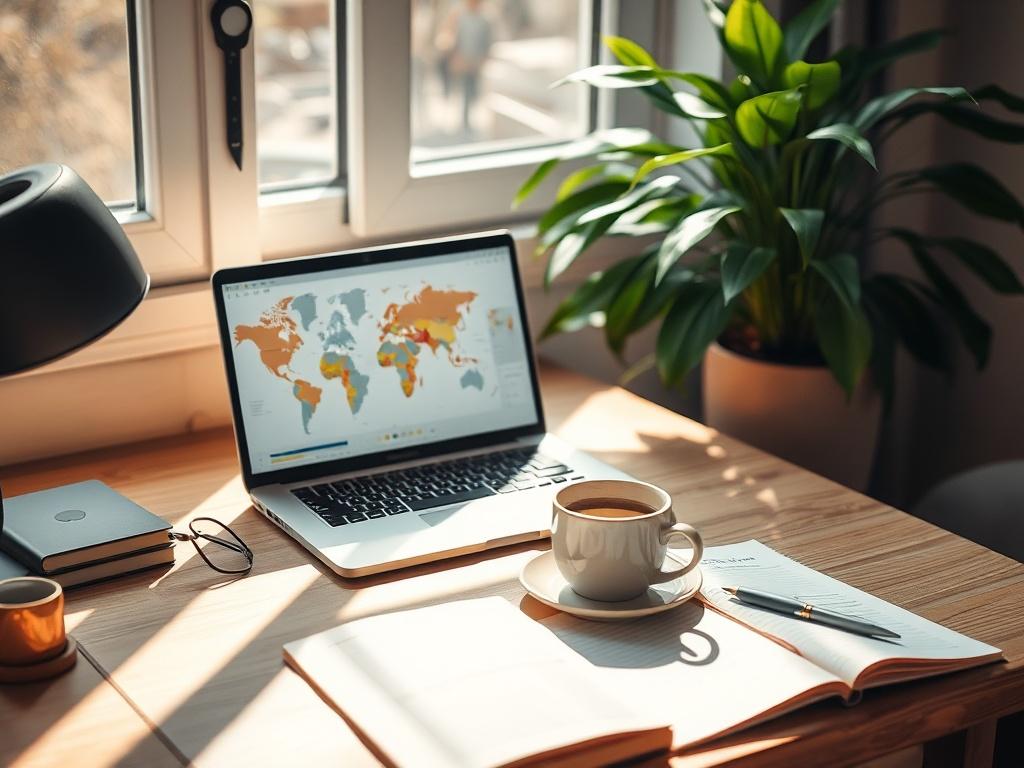 A serene travel planning environment, featuring a cozy desk with a laptop open displaying a world map. Soft natural light filters in through a nearby window, casting gentle shadows. A steaming cup of coffee sits beside a notebook filled with travel notes and ideas. In the background, a lush green plant adds a touch of nature, enhancing the peaceful atmosphere.