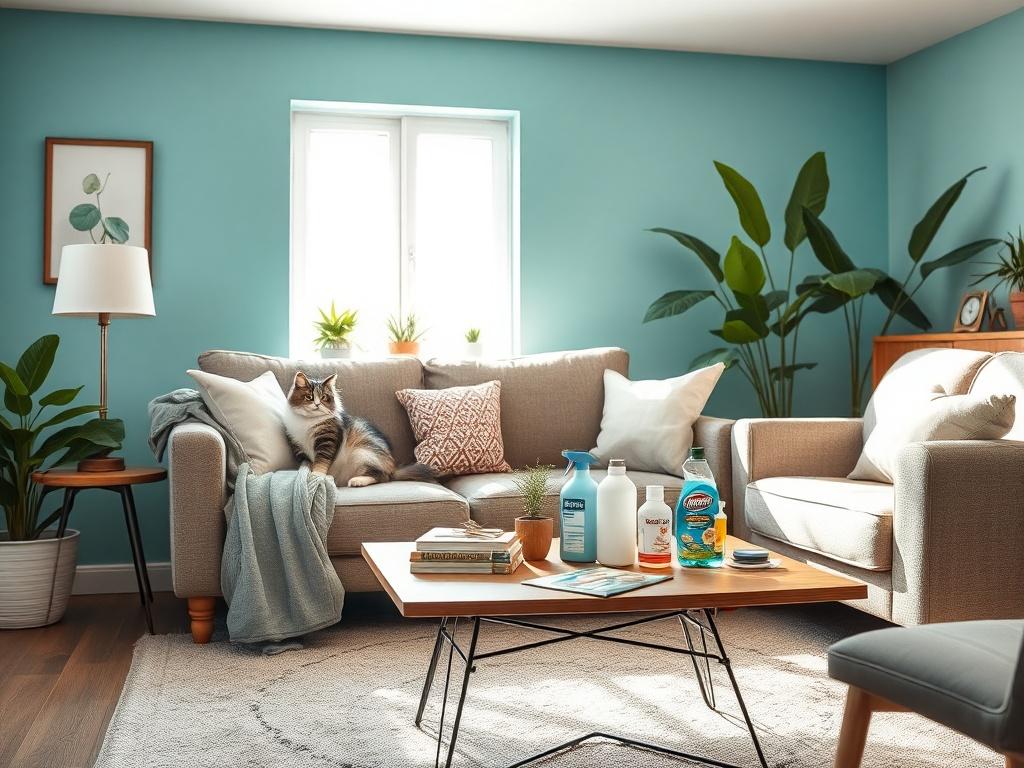 A realistic high-resolution photo depicting a cozy and inviting room where clients can meet with the cleaning service team. The room should be well-lit with natural light coming through a window, featuring a comfortable sofa, a coffee table with cleaning supplies neatly arranged, and a friendly cat lounging on the couch. The walls should be painted in a calming turquoise color, and there should be plants in the background to give a fresh feel.