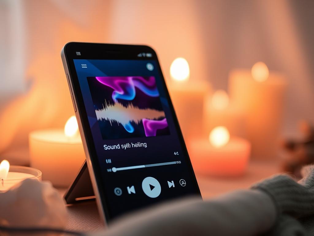 A close-up shot of a music player displaying sound healing music tracks. The background should be soft and calming, possibly featuring elements like candles or crystals to evoke a sense of tranquility. The focus should be on the music player, highlighting the interface with vibrant colors that suggest healing and relaxation, while ensuring compatibility with the primary color rgb(50, 170, 39).