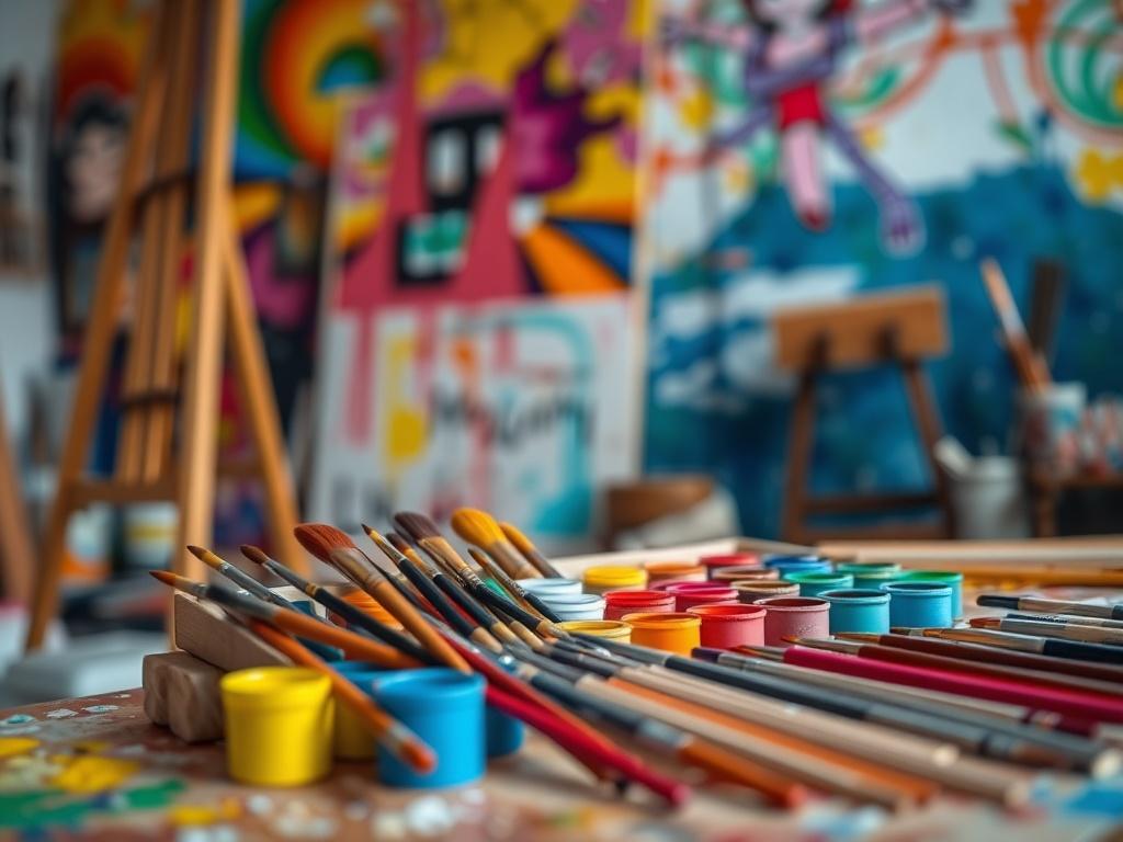 A close-up shot of a hand-painted mural kit displayed with vibrant paint colors and brushes. The background should be an artist's workspace, featuring a partially painted mural that showcases bright, energetic colors. The focus should be on the kit's contents, emphasizing creativity and expression, while maintaining compatibility with the primary color rgb(50, 170, 39).