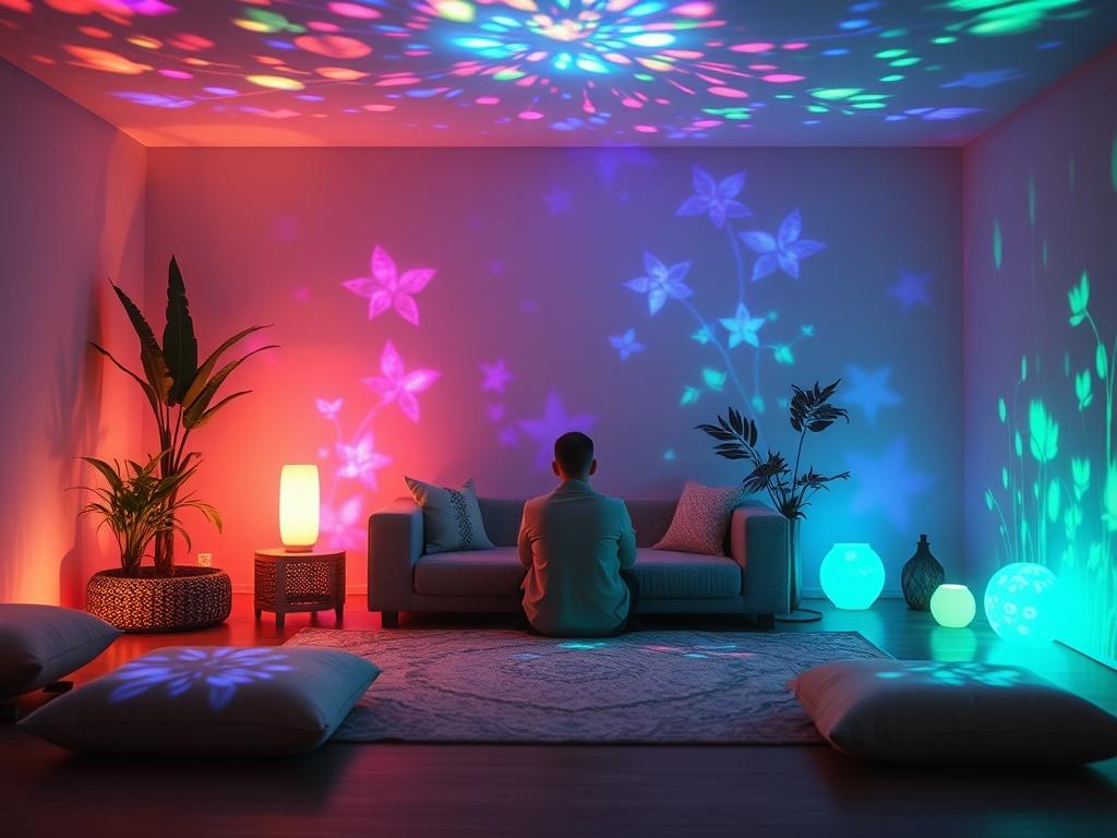 A serene and inviting healing space with soft ambient lighting, featuring a warm and comfortable seating area. A person sits comfortably, surrounded by colorful light projections. The atmosphere conveys calmness and tranquility, with elements of nature subtly integrated in the background, showing a peaceful environment that promotes inner exploration.