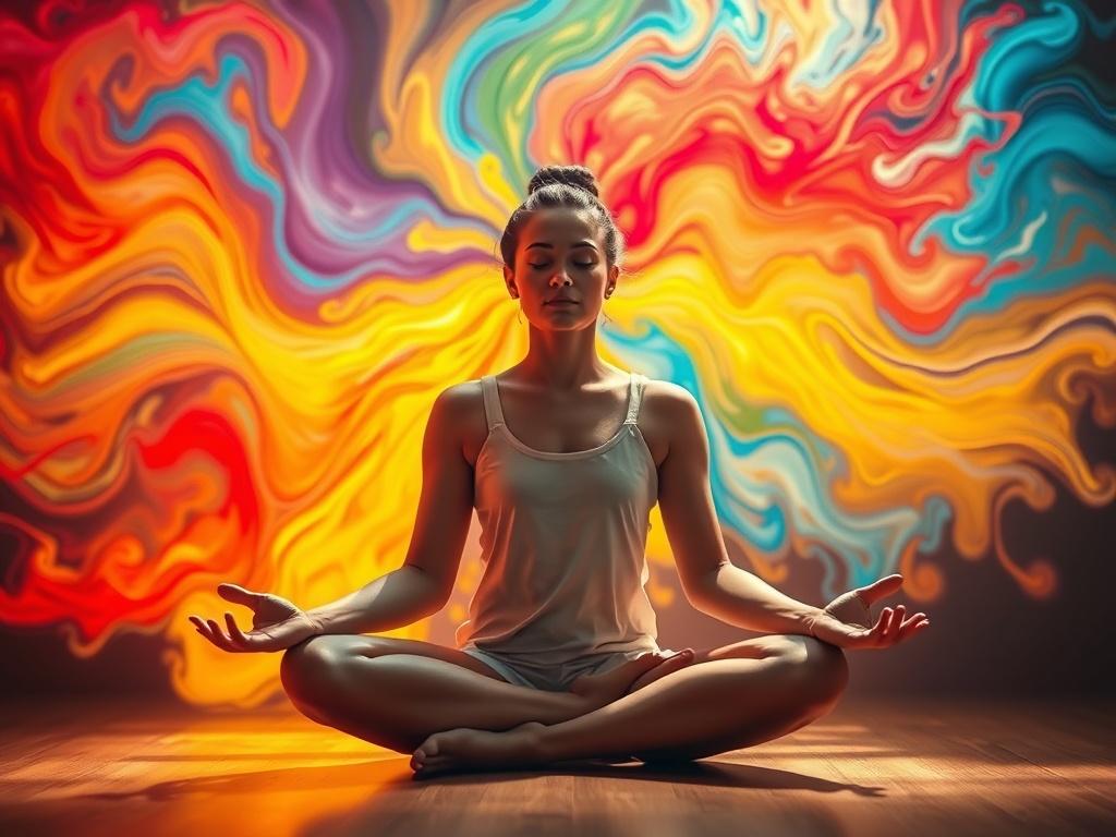 A vibrant burst of colors in a healing environment, showcasing a person in a meditative pose. Surrounding them are swirling colors representing various emotions—warm reds, calming blues, and energizing yellows. The background is softly blurred, emphasizing the colorful aura around the subject, capturing the essence of transformation through color.
