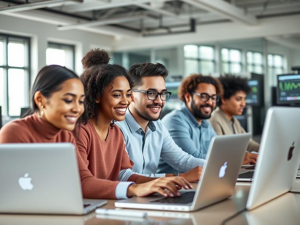 A focused shot of a diverse group of students engaged in an interactive online IT training session. The room is bright and modern, with high-tech equipment in the background. The students are focused on their laptops, showing a mix of excitement and concentration. Soft natural light fills the space, creating an inviting and inspiring atmosphere.