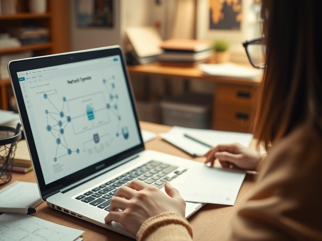 A close-up shot of a focused student studying network diagrams on a laptop during an online class. The background should be a cozy workspace with study materials scattered around, creating a relatable learning environment. The lighting should be warm, highlighting the student's concentration and determination.