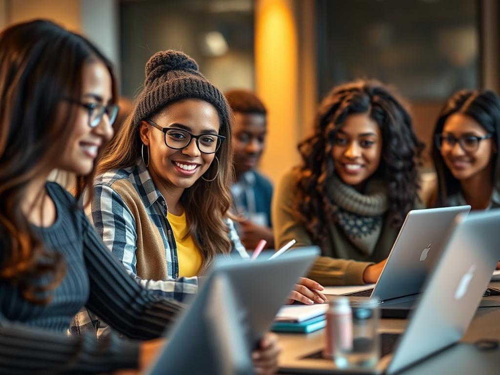 A focused close-up shot of a diverse group of students engaged in an interactive online IT training session, with laptops open and notes taken. The background should be blurred to emphasize the students' expressions and their engagement in learning. The lighting should be bright and inviting, creating a warm atmosphere conducive to learning.