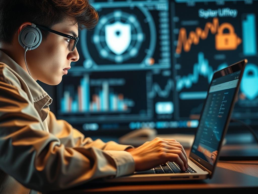 A close-up shot of a serious student analyzing cybersecurity threats on their laptop during a live online class. The background features digital security visuals or charts, emphasizing the cybersecurity theme. The lighting should be dramatic, highlighting the student's focus and the importance of the topic.