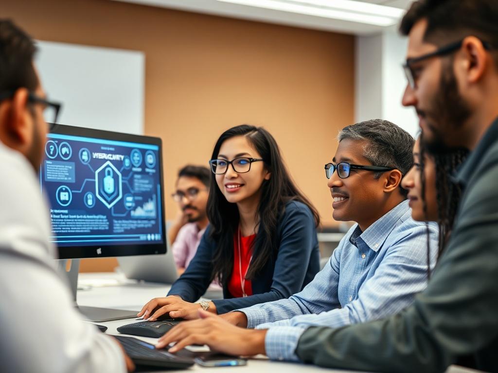 A focused close-up shot of a cybersecurity training session, featuring a diverse group of adult learners actively engaging with a computer screen displaying cybersecurity concepts. The background is a softly blurred classroom environment that emphasizes a professional and educational atmosphere. The lighting is bright and inviting, showcasing the enthusiasm of the participants as they learn about cybersecurity fundamentals.