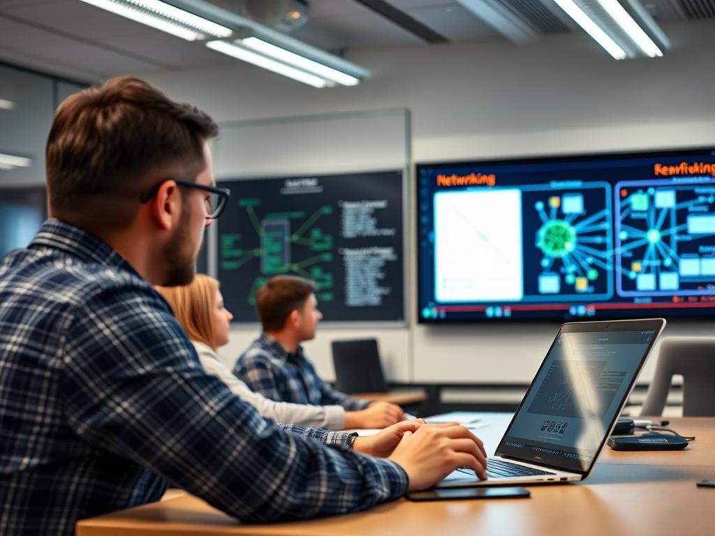 A hyper-realistic close-up shot of a professional IT trainer giving a lecture on networking concepts in a modern classroom setting. The trainer is engaging with students using a laptop, with networking diagrams displayed on a smartboard in the background. The environment is well-lit and organized, highlighting technology and learning.