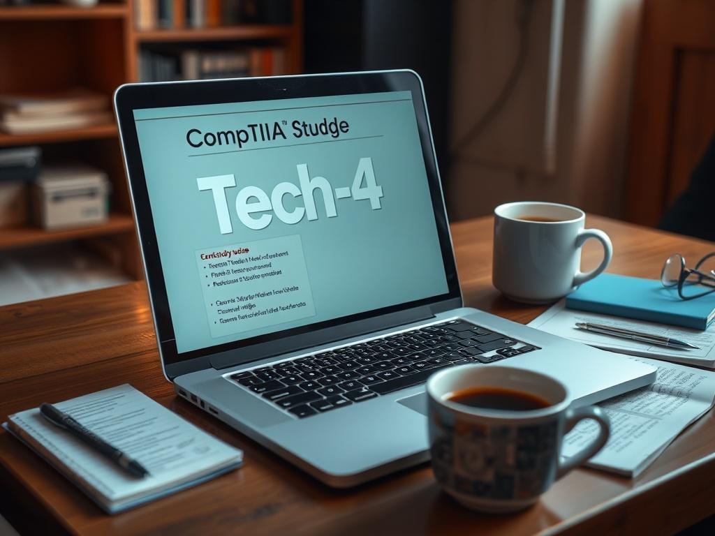 A realistic high-resolution photo of an open laptop displaying a digital study guide for CompTIA Tech+, surrounded by notes and a cup of coffee, captured in a cozy study environment with focused lighting.
