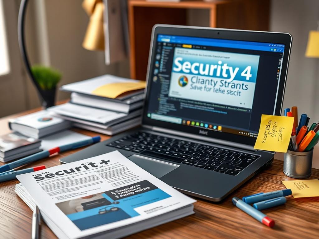 A realistic high-resolution photo of a desk with the Security+ Study Bundle displayed, including a study guide and a laptop featuring a simulated exam interface, surrounded by highlighters and sticky notes.