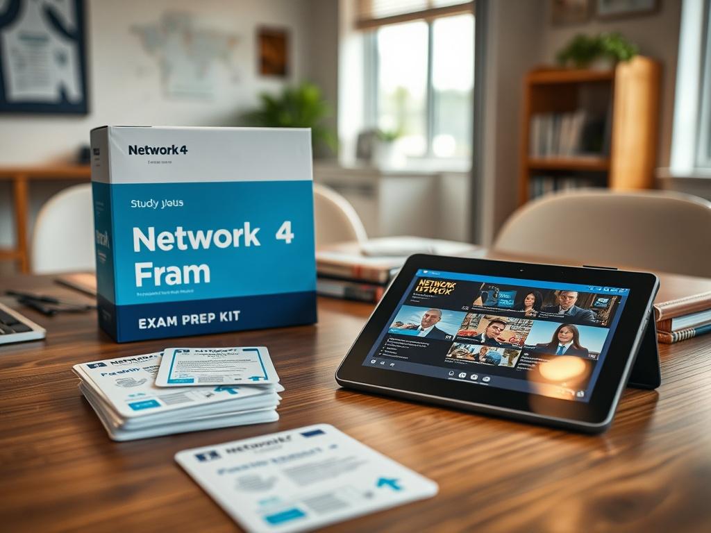 A realistic high-resolution photo of a study table with the Network+ Exam Prep Kit laid out, including flashcards and a tablet displaying instructional videos, in a well-lit study space.