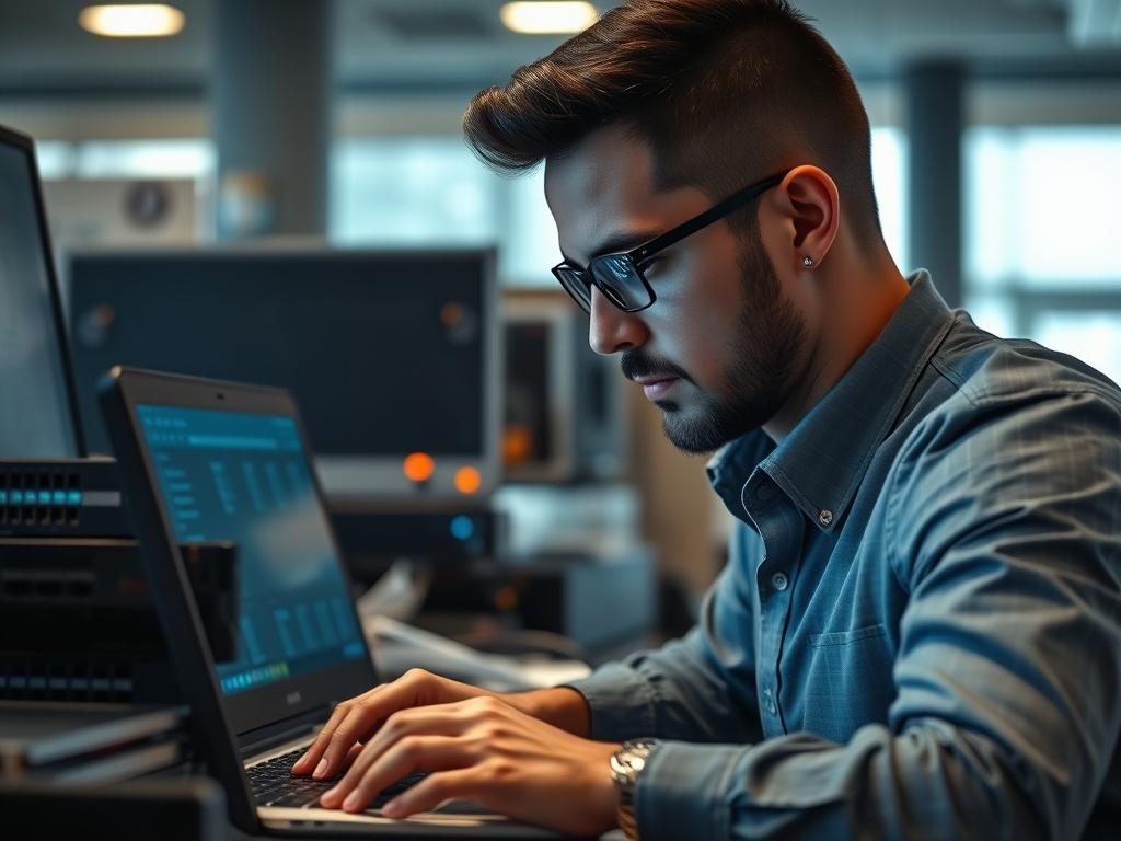A hyper-realistic close-up of a focused IT professional working on a laptop, surrounded by various networking devices like routers and switches. The background should be a modern office environment with soft lighting, emphasizing the subject's concentration and the complexity of networking technology. The image should capture the essence of advanced networking skills and training.