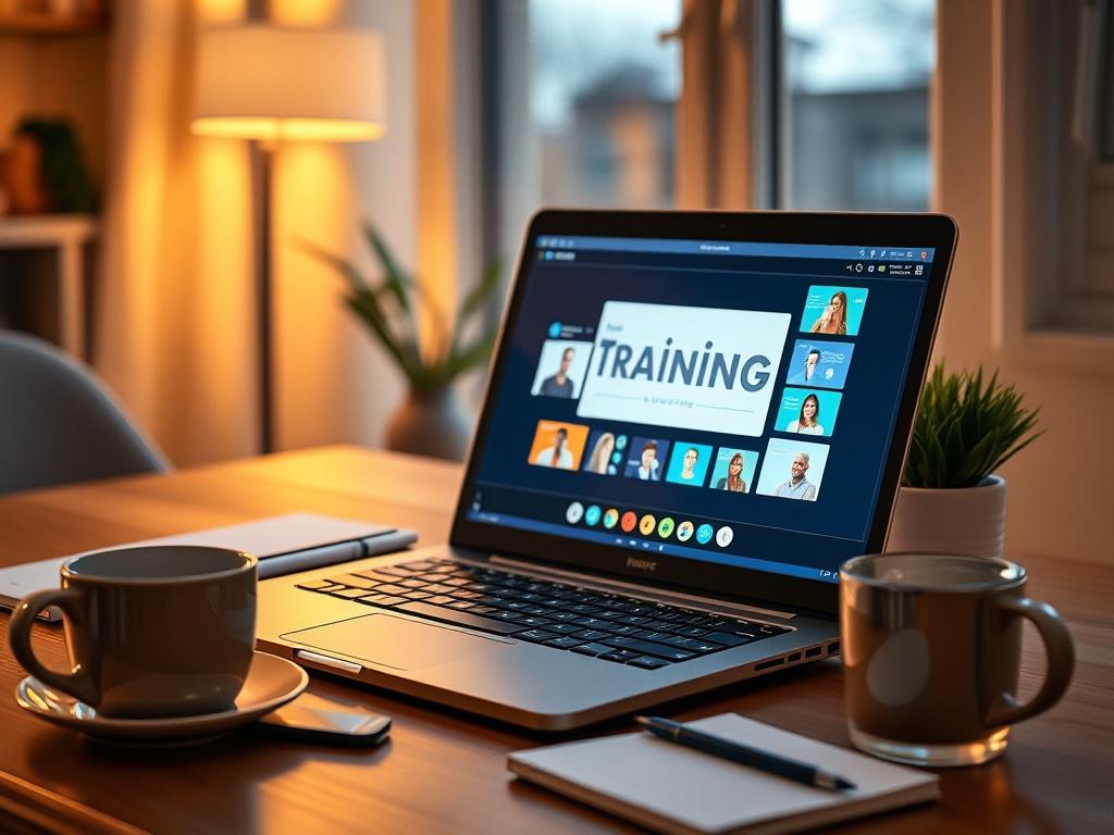 A cozy home office setup featuring a laptop on a
