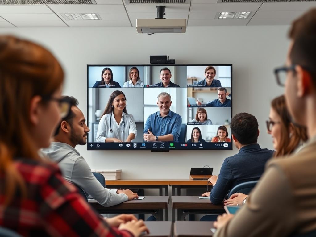 A virtual classroom scene with multiple students on a video