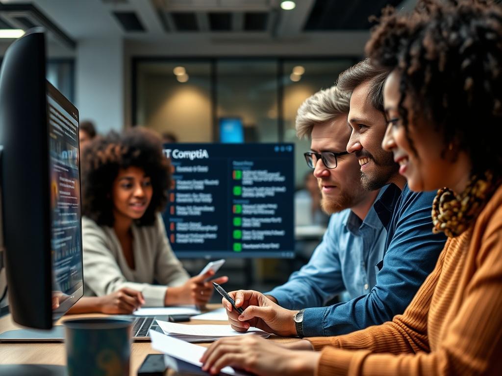 A focused close-up shot of a diverse group of people engaged in an interactive online IT training session, showcasing a computer screen displaying the CompTIA Tech+ (V6) exam objectives. The participants are actively discussing and taking notes, with a warm and inviting atmosphere. The background features a modern, well-lit workspace, emphasizing technology and collaboration. The image is rendered in hyper-realistic detail, capturing the essence of learning and engagement.