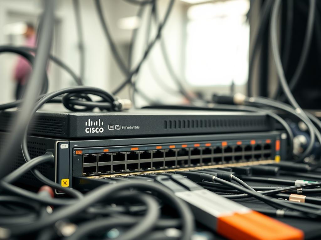 A hyper-realistic close-up of a networking equipment setup, featuring a Cisco router and switches, surrounded by cables and tools, with a bright, focused background highlighting the technology. The image should convey professionalism and innovation, shot with a 45mm f/1.2 lens.