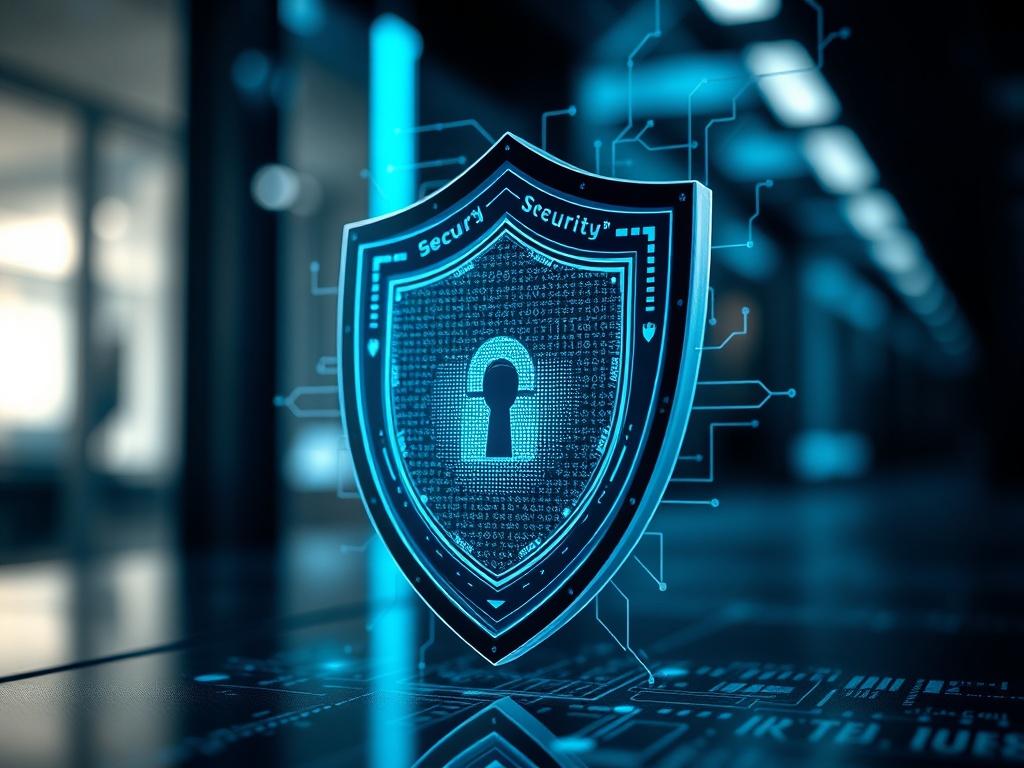 A hyper-realistic close-up shot of a digital shield symbolizing cybersecurity, set against a sleek, modern background with a hint of technology, focusing on the intricate details of the shield's design. The image should evoke a sense of protection and security, capturing the essence of the CompTIA Security+ certification. Shot with a 45mm f/1.2 lens for a shallow depth of field, ensuring the shield is the only subject in sharp focus.