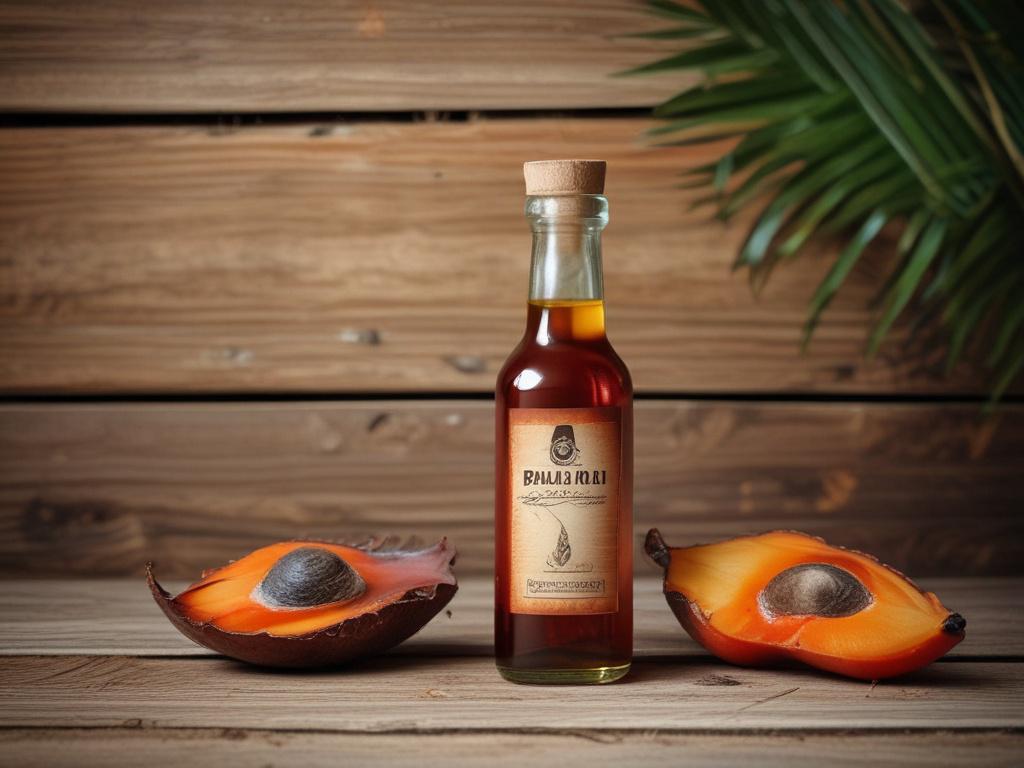 A bottle of pure palm oil with a rustic wooden