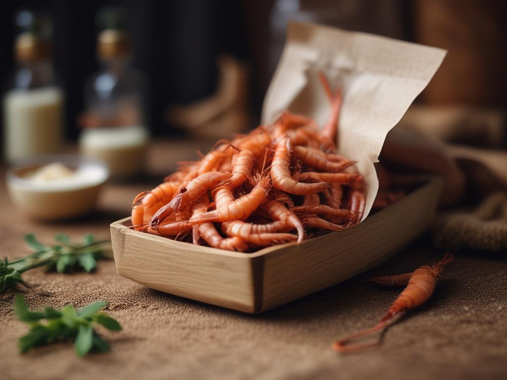 A flex pack of dried prawns displayed on a rustic