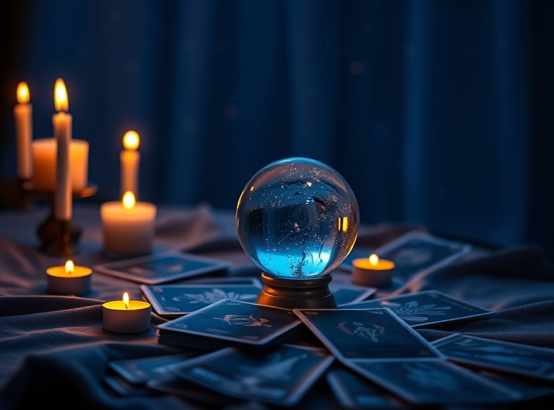 Crystal ball and tarot cards with golden candlelight