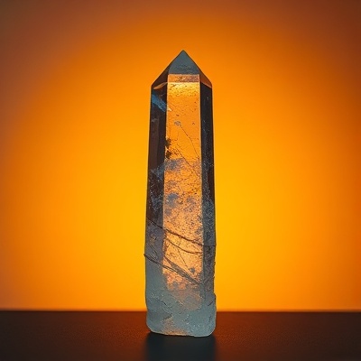 Clear quartz crystal point with golden lighting