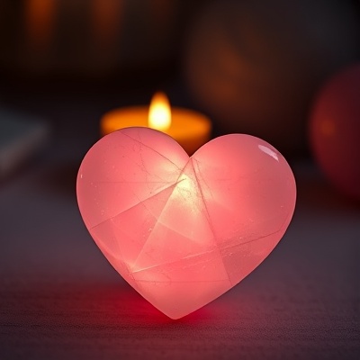 Rose quartz heart stone with warm candlelight