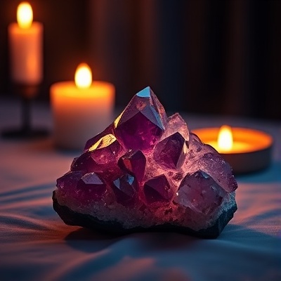 Amethyst crystal cluster with golden candlelight
