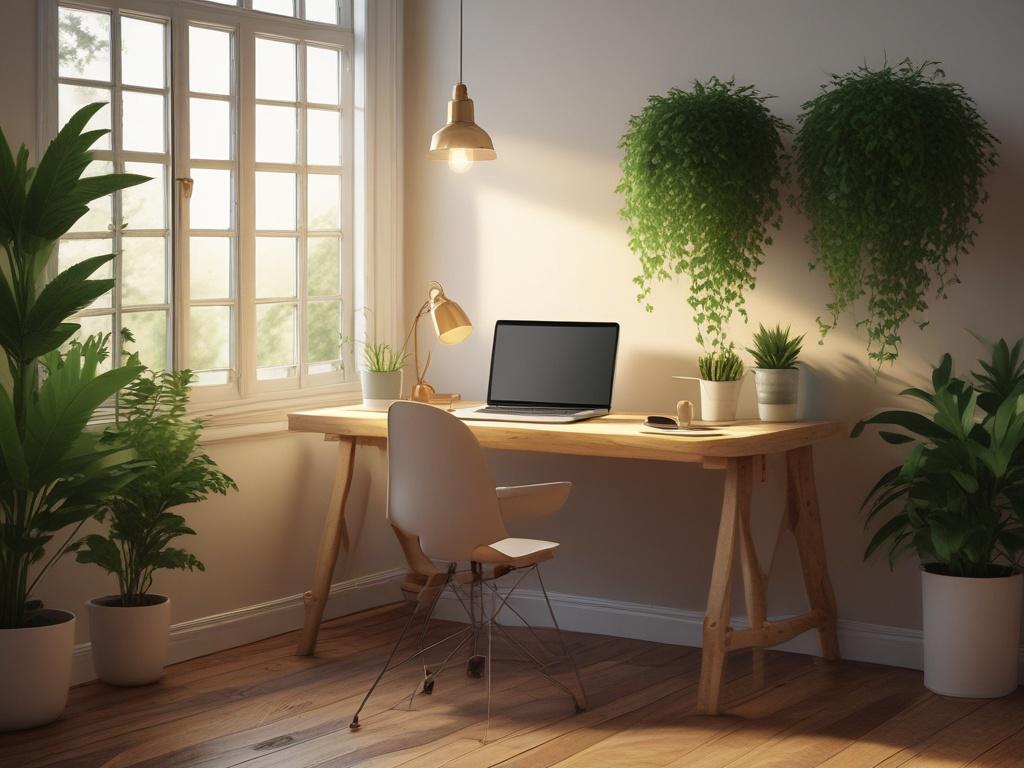 A cozy workspace featuring a warm wooden desk with a