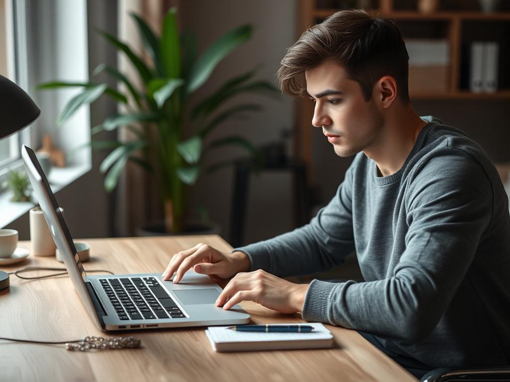 **AI Image Generation Prompt:**

Create a highly detailed, realistic high-resolution photo that represents the theme of selecting the best online payday loans, titled "Jak wybrać najlepszą chwilówkę online?". The composition should be simple and clear with a single subject in focus.

**Subject Matter:** Feature a young adult (either male or female) sitting at a modern desk, deeply engaged in using a laptop. The person should have an expression of concentration, indicating they are researching various online