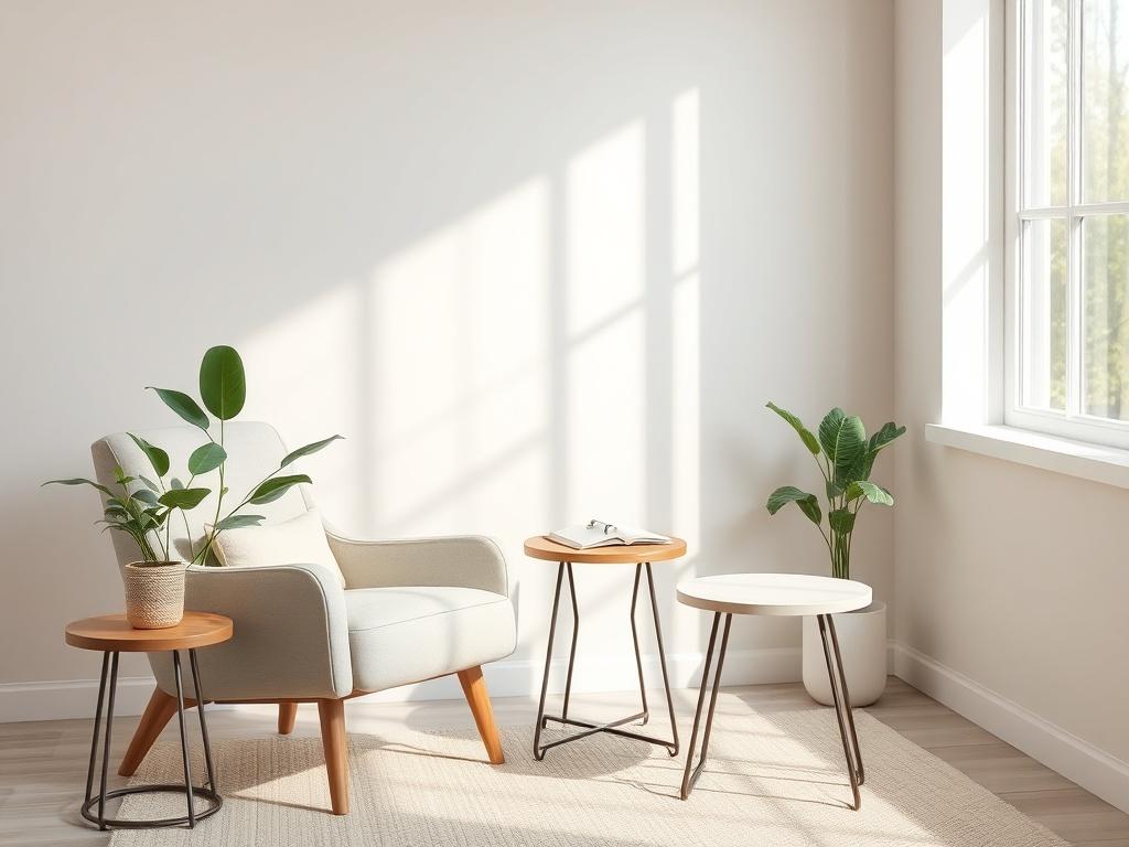 A serene therapy setting featuring a comfortable chair and a small table with a journal and pen. The background should include soft, neutral colors with touches of gentle blue and green, creating a calming atmosphere. Natural light filters through a nearby window, illuminating the space, while a plant in the corner adds a touch of tranquility.