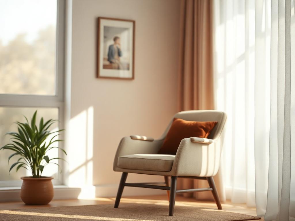 A serene, warm-toned therapy room with a single comfortable chair and soft, natural light filtering through a window. The background should include calming, neutral colors with a gentle plant in the corner, creating an inviting atmosphere. The focus should be on the chair, symbolizing a healing space for therapy, with elements that evoke peace and comfort.