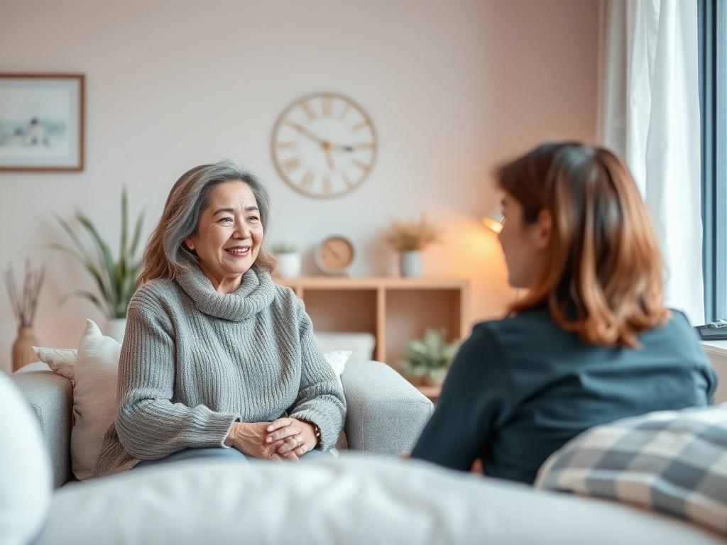 A serene and calming virtual therapy session scene, featuring a therapist and a client engaging through a video call. The therapist, a middle-aged woman with a warm smile, sits in a softly lit room adorned with calming decor. The client, a young adult, appears relaxed and engaged. The background is filled with soft neutrals and gentle blues, creating a peaceful atmosphere. The focus is on the human connection and warmth of the online therapy experience.