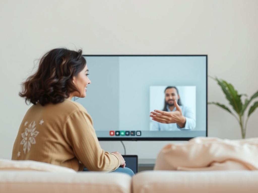 A calming scene depicting a virtual counseling session focused on