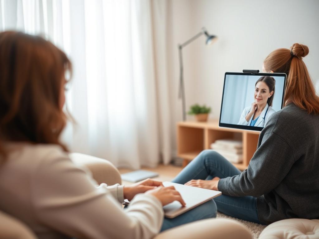 A serene telehealth session between a therapist and a client,
