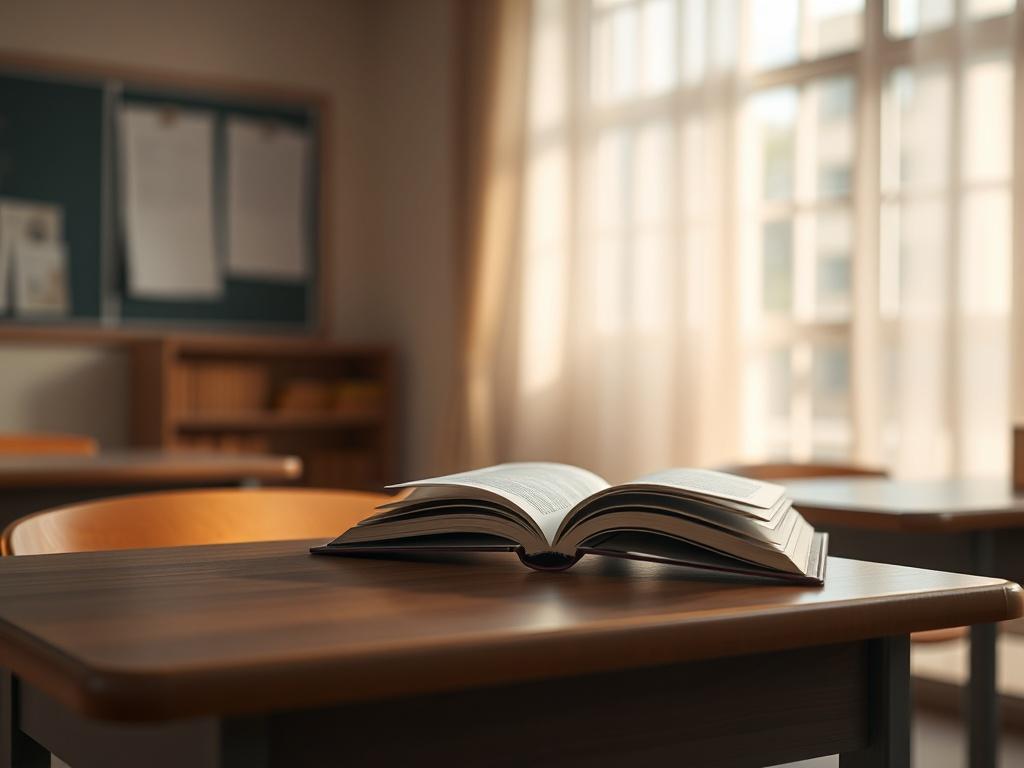 A peaceful classroom setting with a single open book on